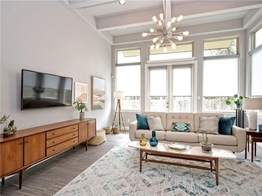 Interior, Living room, Pendant Lights, Recessed Lighting, Wood Texture Flooring