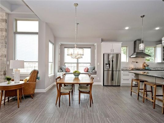 Dining room, Interior, Kitchen, Pendant Lights, Recessed Lighting, Stainless Steel Appliances, Wood Texture Flooring