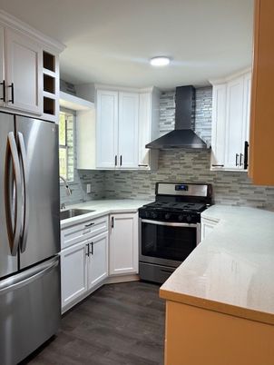 Interior, Kitchen, Recessed Lighting, Stainless Steel Appliances, Stone Walls, Wood Texture Flooring