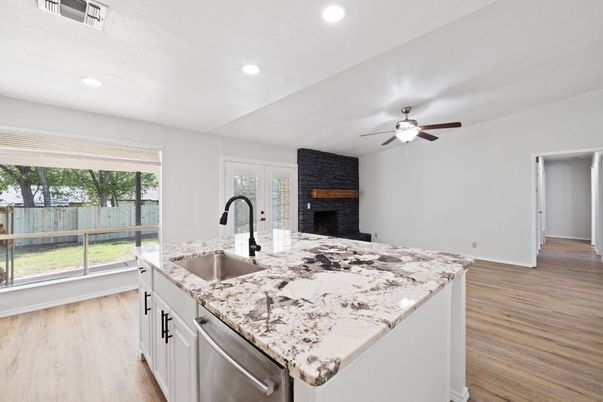 Fireplace, Interior, Kitchen, Recessed Lighting, Wood Texture Flooring