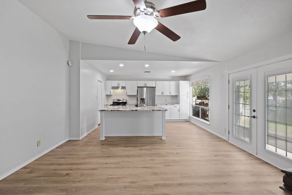 Interior, Kitchen, Recessed Lighting, Stainless Steel Appliances, Wood Texture Flooring