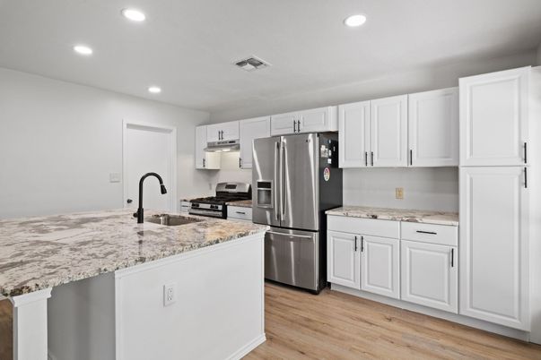 Interior, Kitchen, Recessed Lighting, Stainless Steel Appliances, Wood Texture Flooring