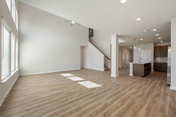 Empty room, Interior, Kitchen, Pendant Lights, Recessed Lighting, Wood Texture Flooring