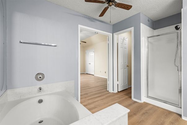 Bathroom, Glass Shower, Interior, Wood Texture Flooring