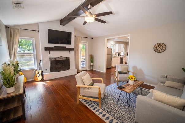 Fireplace, Interior, Living room, Wooden Beams, Wood Texture Flooring