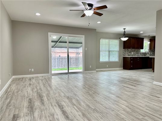 Empty room, Interior, Kitchen, Pendant Lights, Recessed Lighting, Wood Texture Flooring