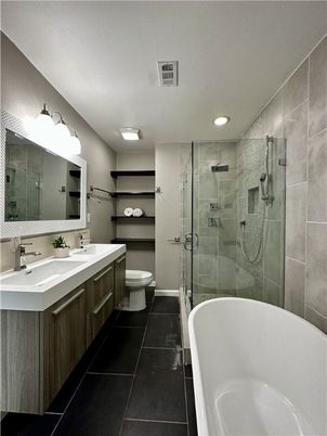 Bathroom, Dual Sink Vanities, Free Standing Baths, Glass Shower, Interior, Recessed Lighting