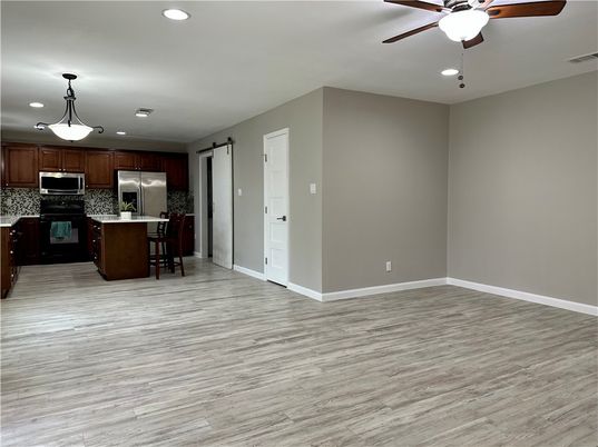 Interior, Kitchen, Pendant Lights, Recessed Lighting, Stainless Steel Appliances, Wood Texture Flooring