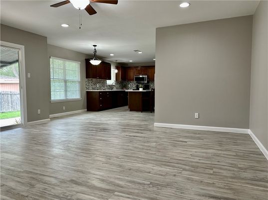 Interior, Kitchen, Pendant Lights, Recessed Lighting, Wood Texture Flooring