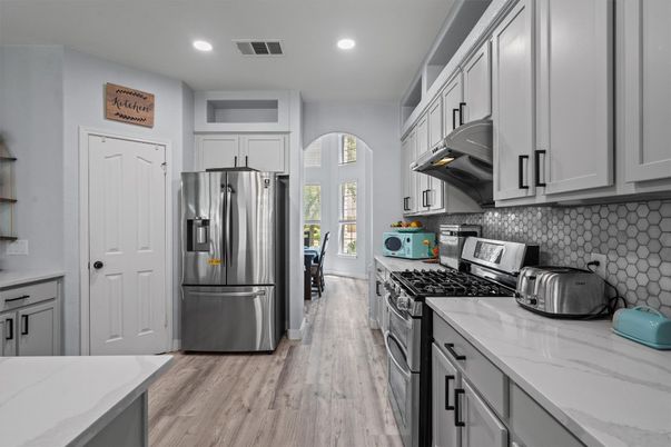 Interior, Kitchen, Recessed Lighting, Stainless Steel Appliances, Wood Texture Flooring