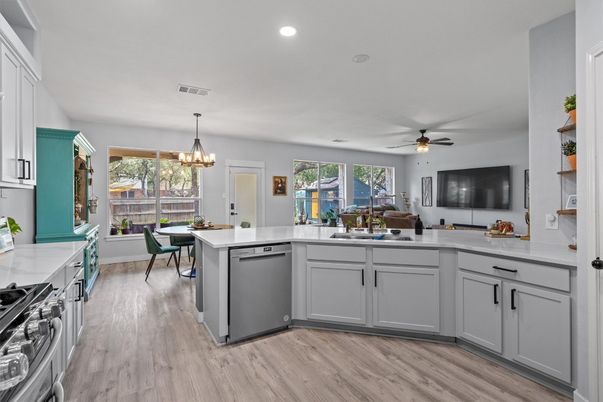 Chandelier, Dining room, Interior, Kitchen, Recessed Lighting, Wood Texture Flooring