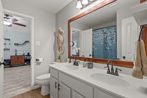 Bathroom, Dual Sink Vanities, Interior, Wood Texture Flooring