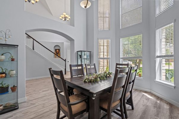 Chandelier, Dining room, Interior, Pendant Lights, Wood Texture Flooring