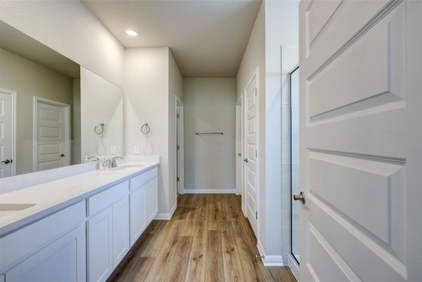Bathroom, Dual Sink Vanities, Interior, Recessed Lighting, Wood Texture Flooring