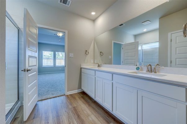 Bathroom, Dual Sink Vanities, Interior, Recessed Lighting, Wood Texture Flooring