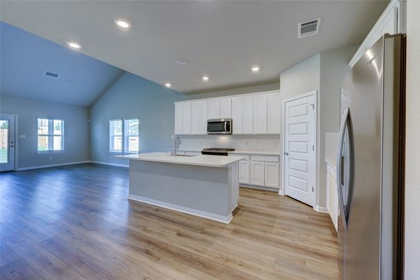 Interior, Kitchen, Recessed Lighting, Stainless Steel Appliances, Wood Texture Flooring