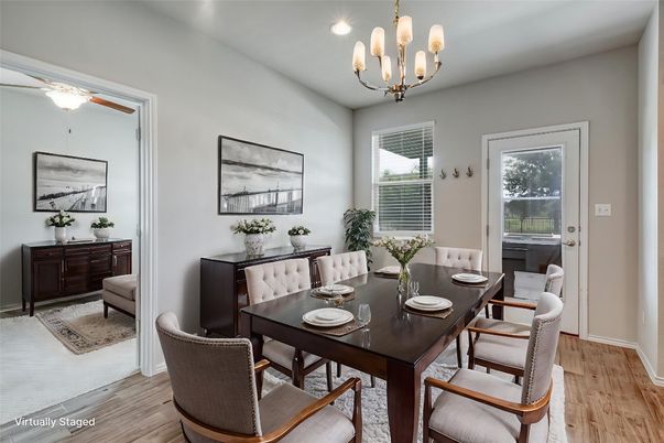 Chandelier, Dining room, Interior, Recessed Lighting, Wood Texture Flooring