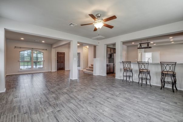 Empty room, Interior, Kitchen, Recessed Lighting, Wood Texture Flooring