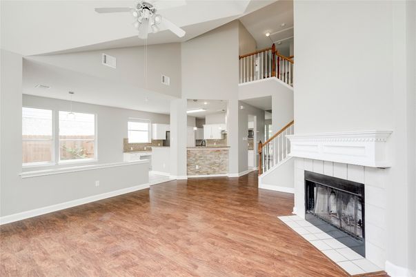 Fireplace, Interior, Recessed Lighting, Wood Texture Flooring