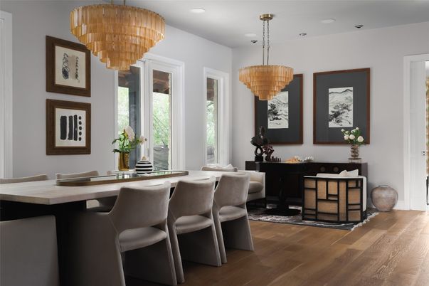 Chandelier, Dining room, Interior, Recessed Lighting, Wood Texture Flooring