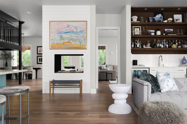 Fireplace, Interior, Living room, Recessed Lighting, Wood Texture Flooring