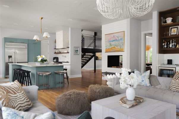 Fireplace, Interior, Kitchen, Living room, Pendant Lights, Stainless Steel Appliances, Wood Texture Flooring