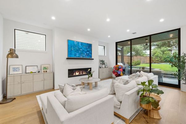 Fireplace, Interior, Living room, Recessed Lighting, Wood Texture Flooring