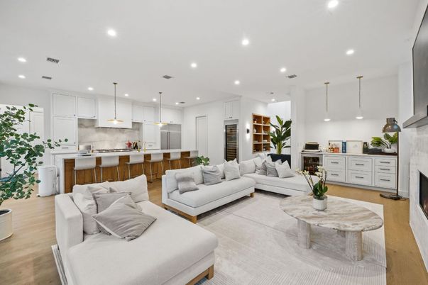 Fireplace, Interior, Kitchen, Living room, Pendant Lights, Recessed Lighting, Wood Texture Flooring