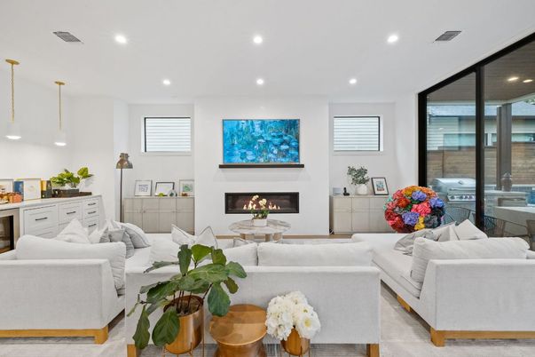 Fireplace, Interior, Living room, Pendant Lights, Recessed Lighting, Wood Texture Flooring