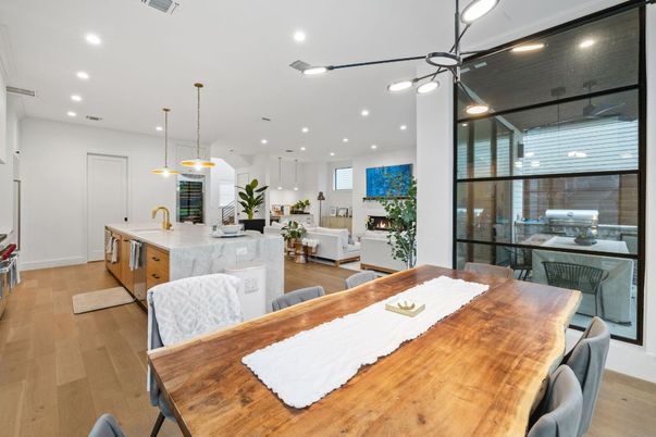 Dining room, Fireplace, Interior, Kitchen, Pendant Lights, Recessed Lighting, Wood Texture Flooring