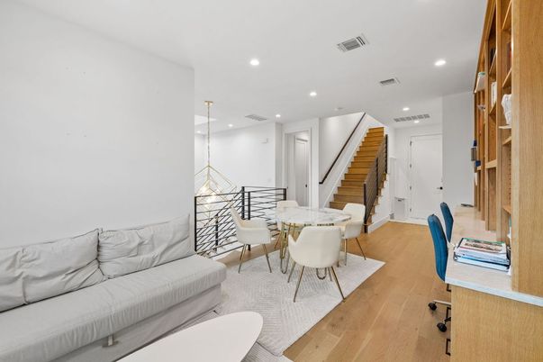 Dining room, Interior, Pendant Lights, Recessed Lighting, Wood Texture Flooring
