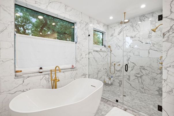 Bathroom, Free Standing Baths, Glass Shower, Interior, Marble, Marble Walls, Recessed Lighting