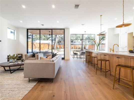 Interior, Kitchen, Living room, Pendant Lights, Recessed Lighting, Wood Texture Flooring
