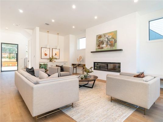 Fireplace, Interior, Living room, Pendant Lights, Recessed Lighting, Wood Texture Flooring