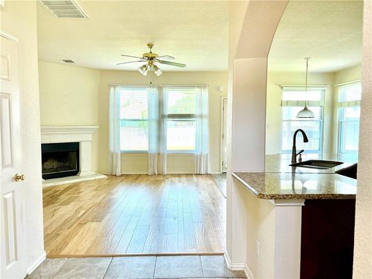 Fireplace, Interior, Kitchen, Pendant Lights, Wood Texture Flooring