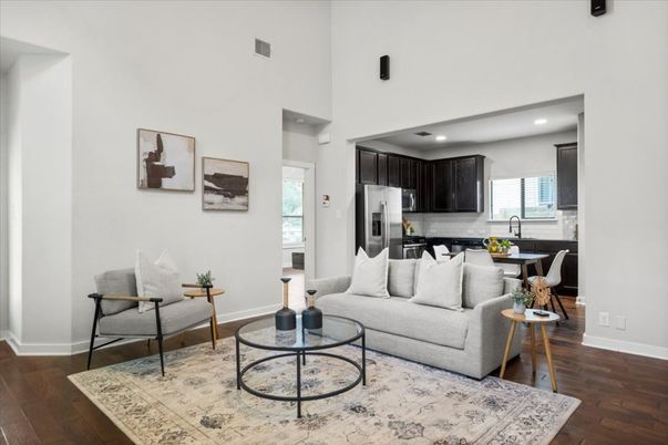 Dining room, Interior, Kitchen, Living room, Recessed Lighting, Stainless Steel Appliances, Wood Texture Flooring