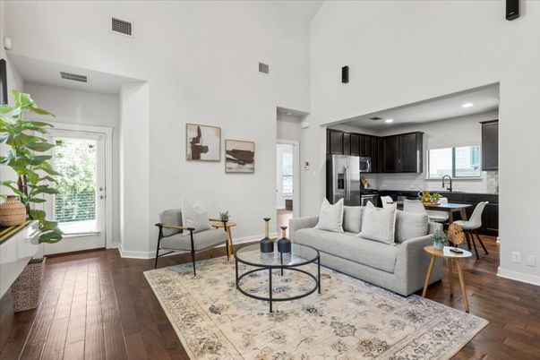Dining room, Interior, Kitchen, Living room, Recessed Lighting, Stainless Steel Appliances, Wood Texture Flooring