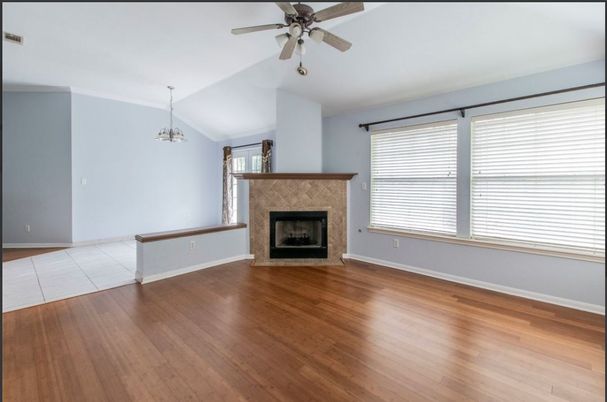 Empty room, Fireplace, Interior, Pendant Lights, Wood Texture Flooring