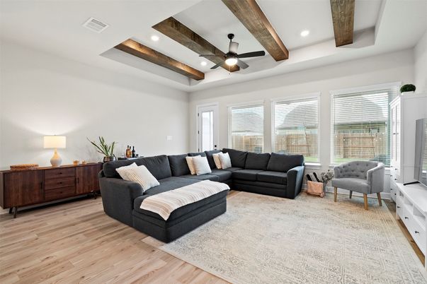 Interior, Living room, Recessed Lighting, Wooden Beams, Wood Texture Flooring