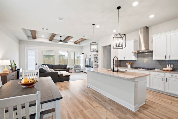 Interior, Kitchen, Living room, Pendant Lights, Recessed Lighting, Stainless Steel Appliances, Wooden Beams, Wood Texture Flooring