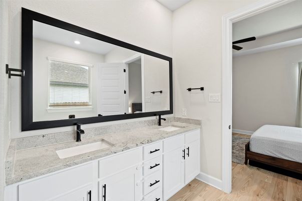 Bathroom, Dual Sink Vanities, Interior, Recessed Lighting, Wood Texture Flooring