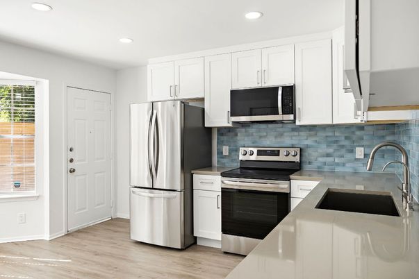 Interior, Kitchen, Recessed Lighting, Stainless Steel Appliances, Wood Texture Flooring