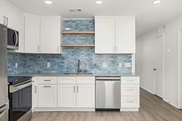 Interior, Kitchen, Recessed Lighting, Stainless Steel Appliances, Wood Texture Flooring