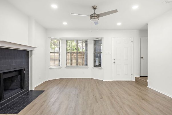 Empty room, Fireplace, Interior, Recessed Lighting, Wood Texture Flooring