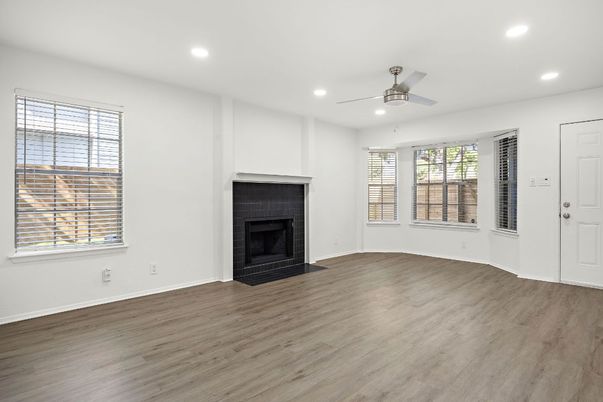 Empty room, Fireplace, Interior, Recessed Lighting, Wood Texture Flooring