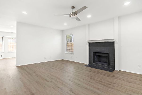 Empty room, Fireplace, Interior, Recessed Lighting, Wood Texture Flooring