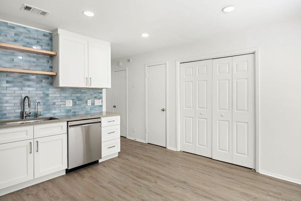Interior, Kitchen, Recessed Lighting, Stainless Steel Appliances, Wood Texture Flooring