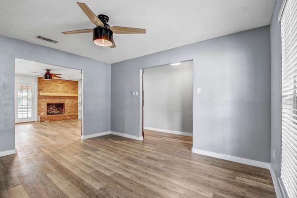 Empty room, Fireplace, Interior, Stone Walls, Wood Texture Flooring