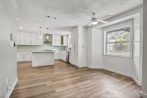 Interior, Kitchen, Pendant Lights, Recessed Lighting, Wood Texture Flooring