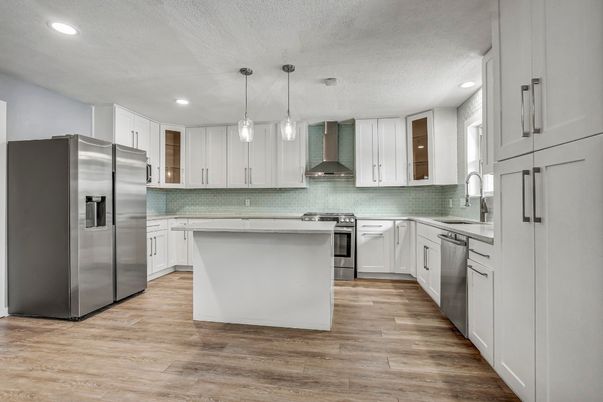 Interior, Kitchen, Pendant Lights, Recessed Lighting, Stainless Steel Appliances, Wood Texture Flooring